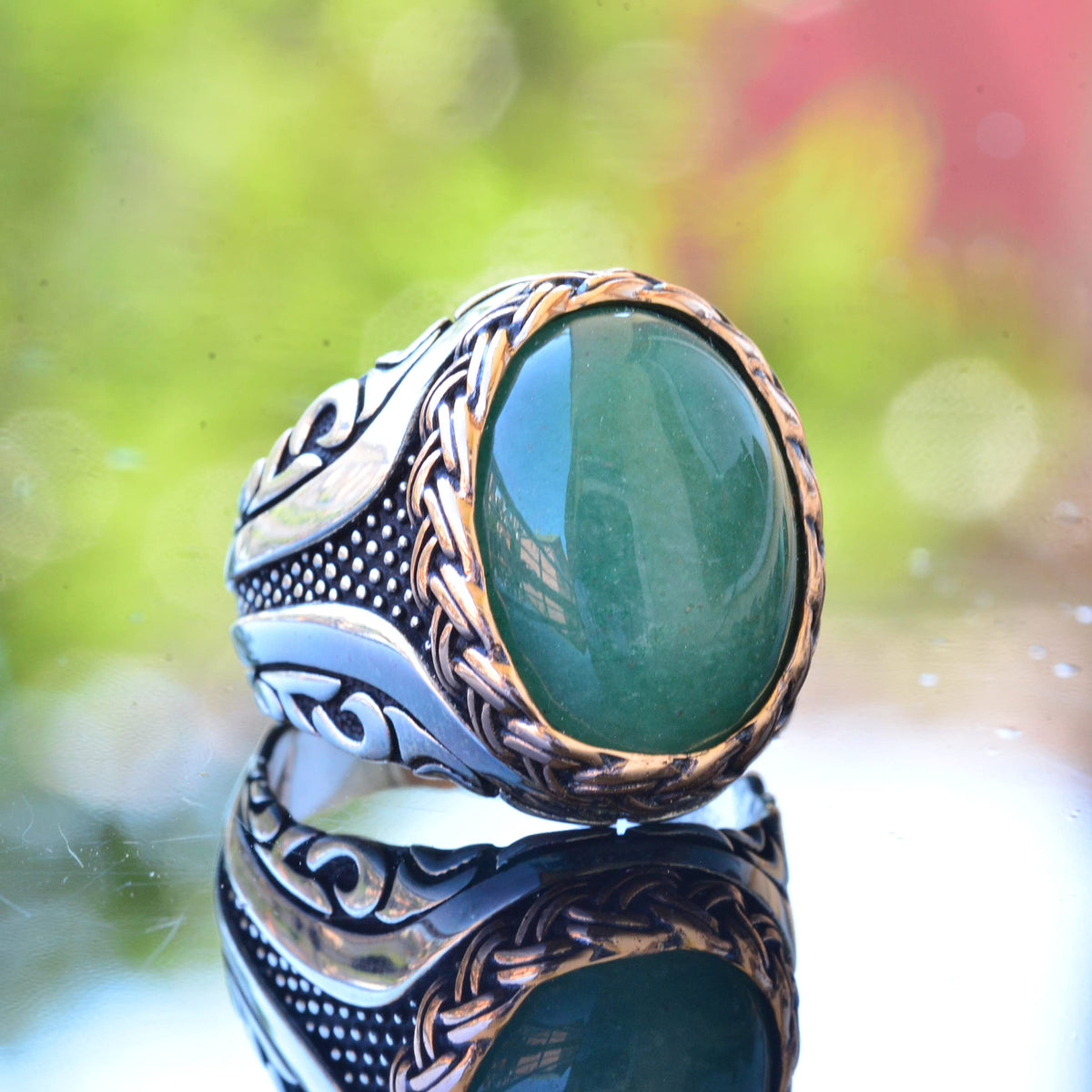 Natural Green Aventurine Oval Ring - 925 Sterling Silver — 3