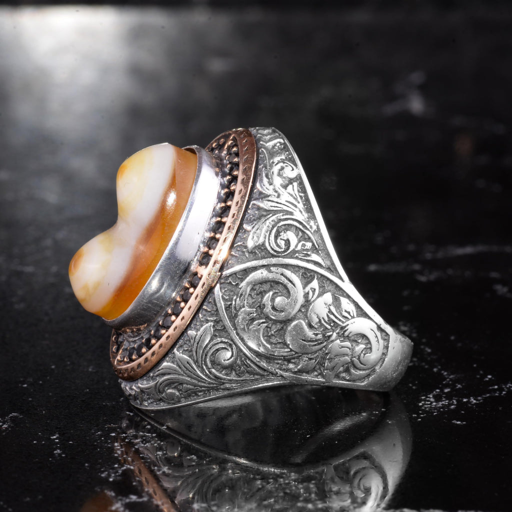 Men's Natural Stone Large Ring – Oval Stone Vintage Byzantine Engraved Statement Ring - Antique Filigree 925 Sterling Silver Jewelry (Yemen Agate) — 5