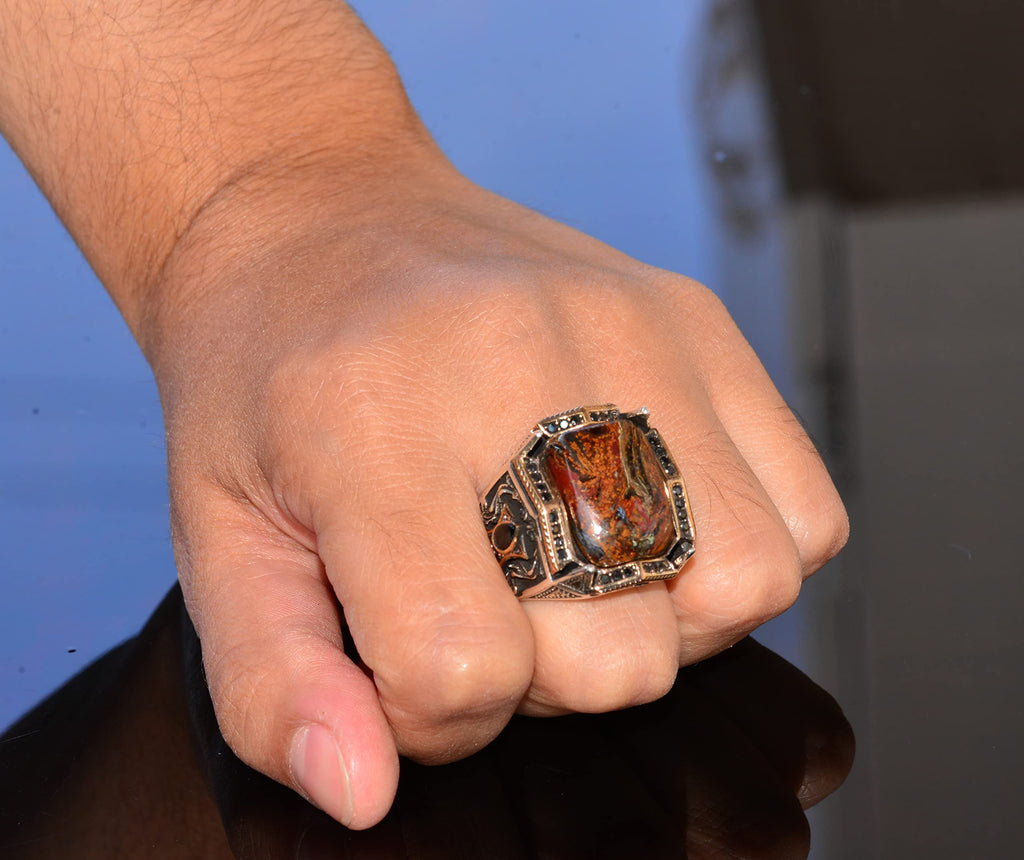 Handcrafted Pietersite Natural Stone Silver Men's Ring - Symbol of Clarity and Transformation — 7