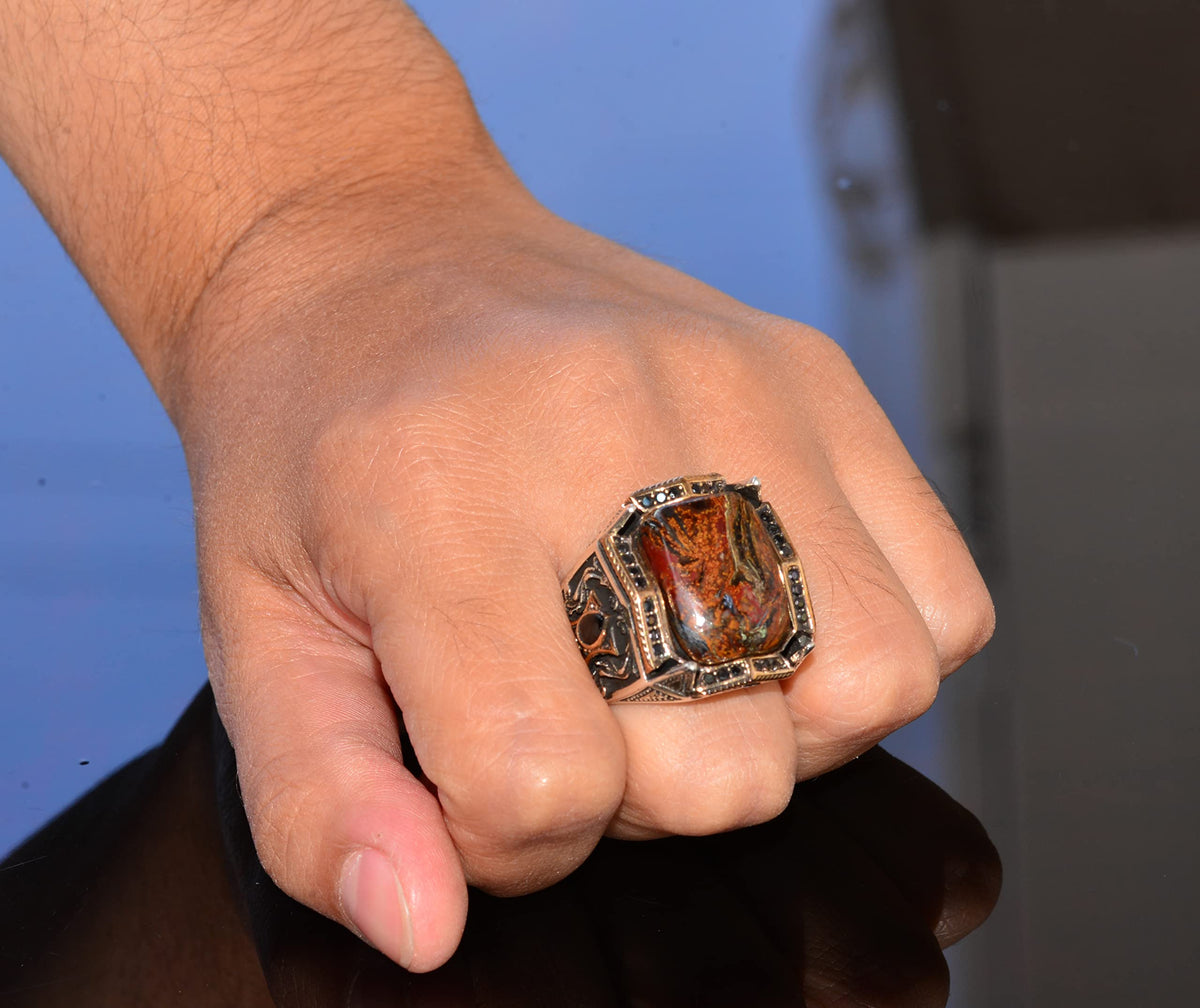 Handcrafted Pietersite Natural Stone Silver Men's Ring - Symbol of Clarity and Transformation — 7