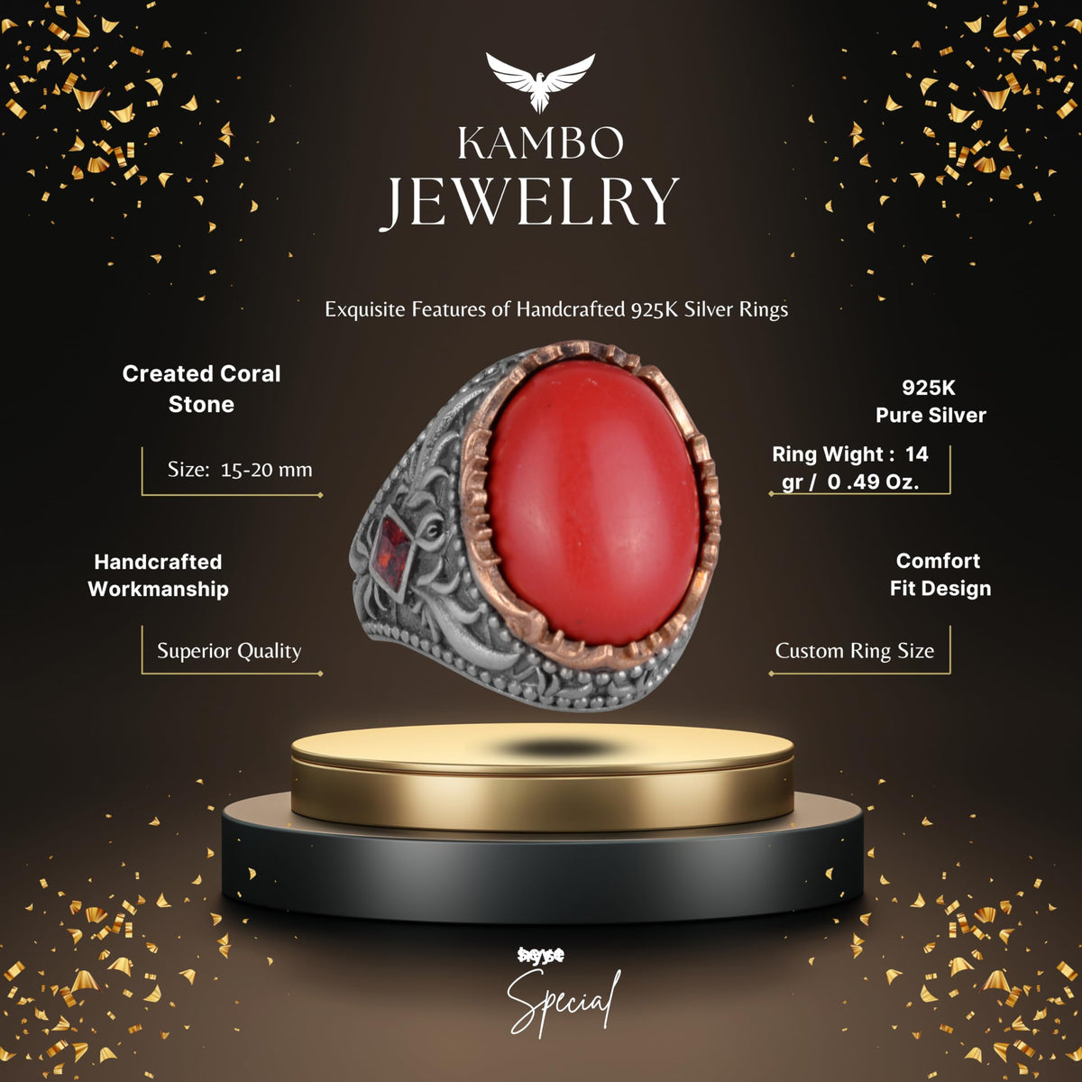 Artificial Stone Ring - Handmade Men's Ring - Stylish 925 Sterling Silver Men's Jewelry (Artificial Coral) — 2