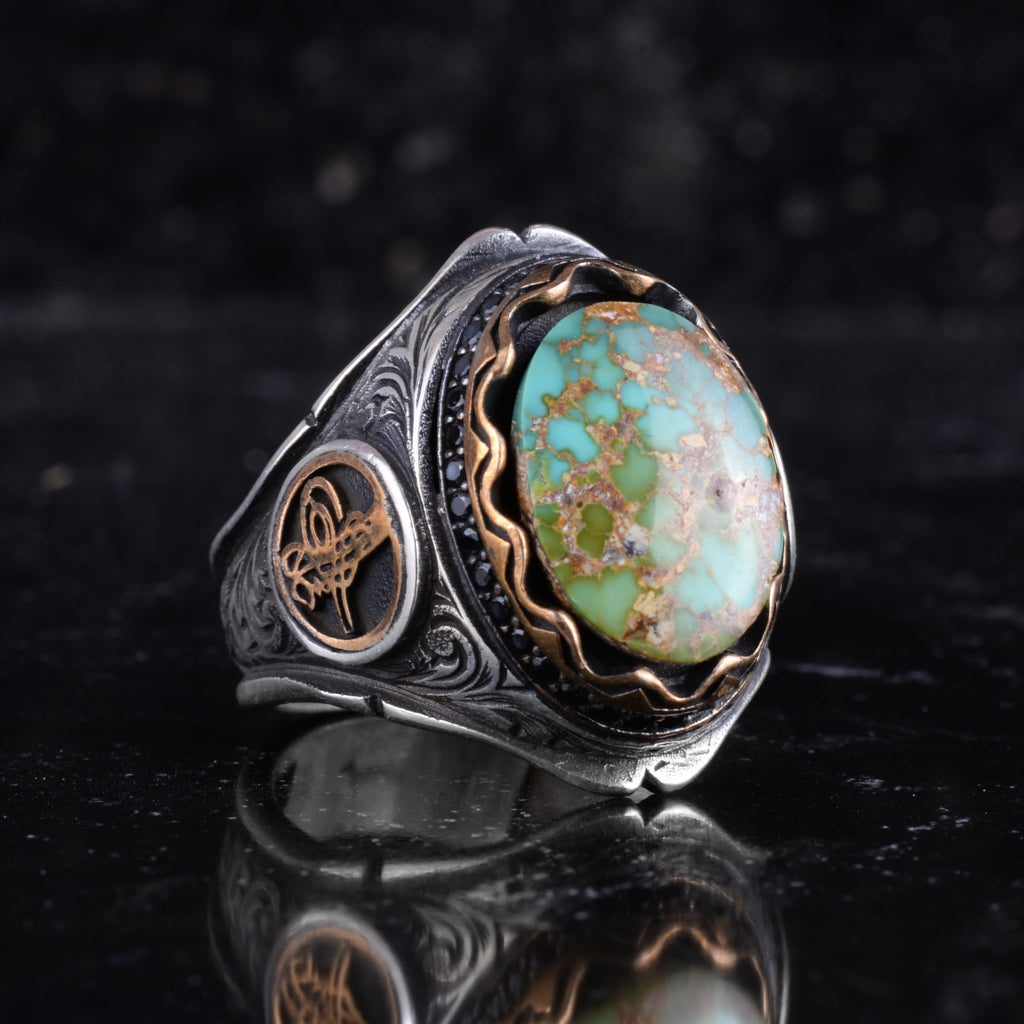 KAMBO Natural Turquoise Stone Ottoman Tugra Men's Ring 925 Sterling Silver – Handmade Statement Ring (Turquoise-4) — 6