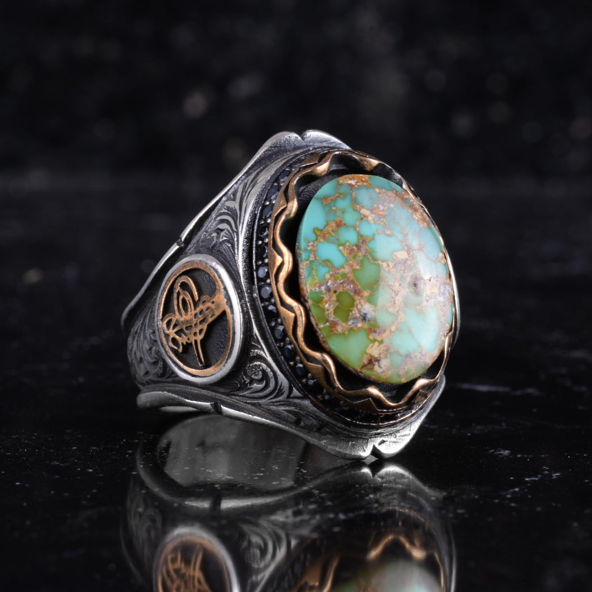 KAMBO Natural Turquoise Stone Ottoman Tugra Men's Ring 925 Sterling Silver – Handmade Statement Ring (Turquoise-4) — 6