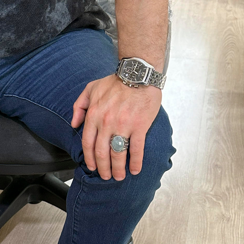 Natural Aquamarine Stone Ring, Peaceful 925 Sterling Silver Men's Ring, Designer Silver Men's Ring — 3