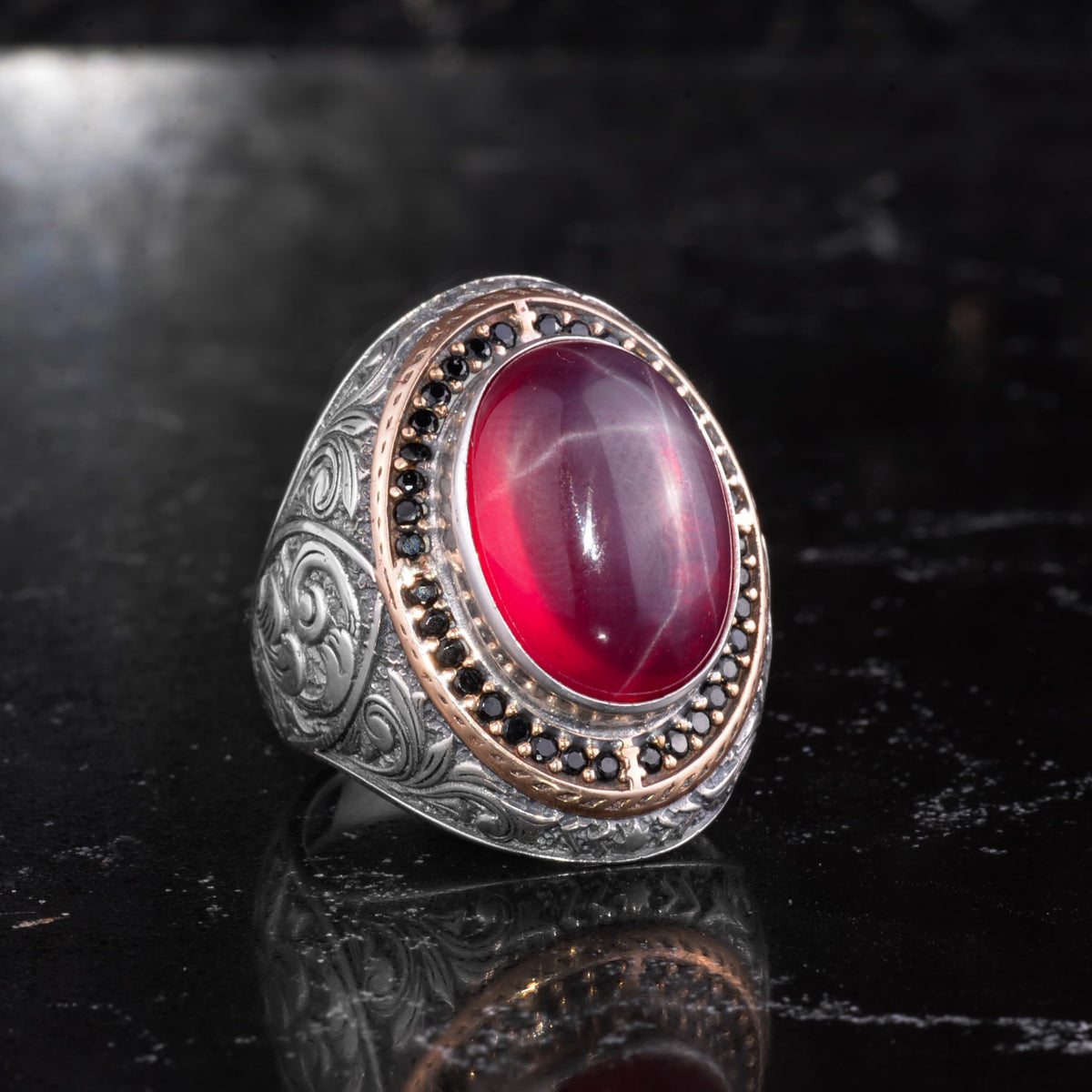Men's Natural Stone Large Ring – Oval Stone Vintage Byzantine Engraved Statement Ring - Antique Filigree 925 Sterling Silver Jewelry (Star Ruby) — 6