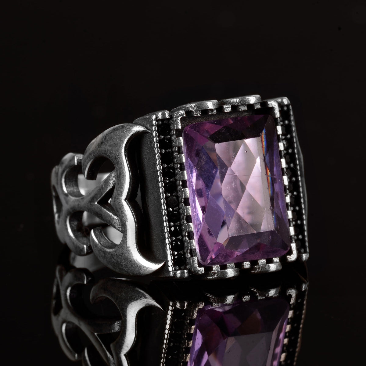 KAMBO Sultan Men's Ring, 925 Sterling Silver Ring, Handmade Unique Ring, Created Amethyst Stone Ring, Gift for Himself — 3