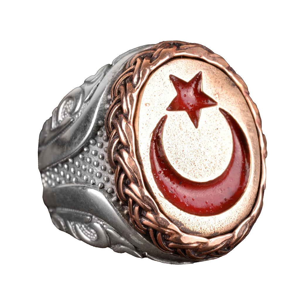 925 Sterling Silver Men's Ring, Ottoman Style Turkish Ring, Bronze Crescent and Star Stone Design