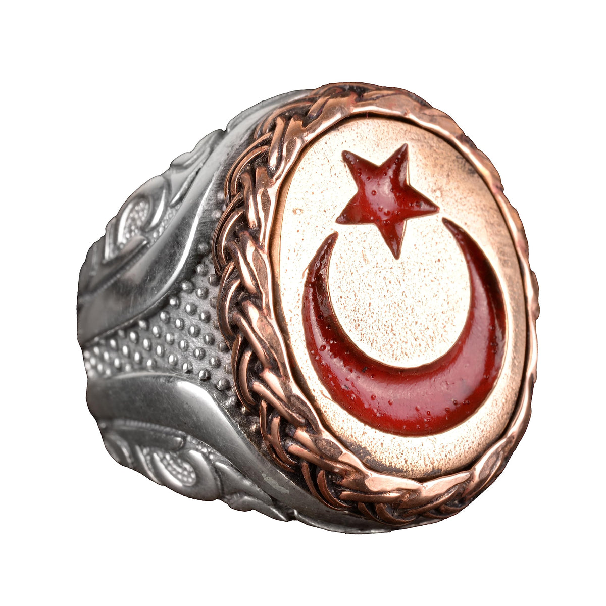 925 Sterling Silver Men's Ring, Ottoman Style Turkish Ring, Bronze Crescent and Star Stone Design