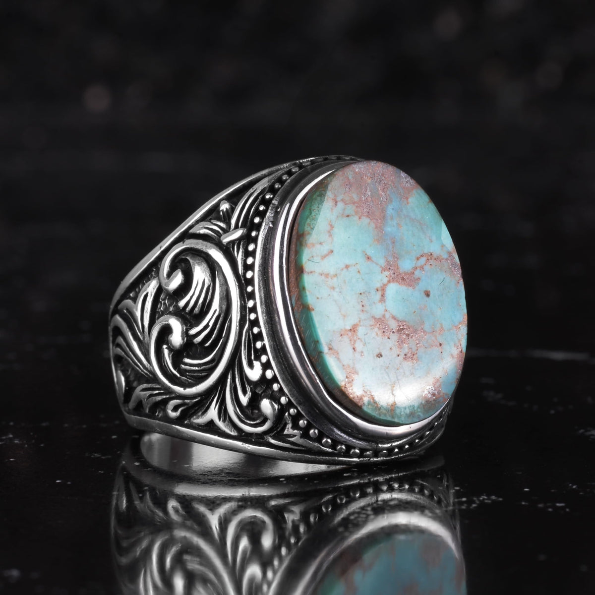 KAMBO Natural Turquoise Stone Men's Ring 925 Sterling Silver Oval Cabochon Ottoman Sliding Pattern Handmade Vintage Style Ring (Turquoise-2) — 6