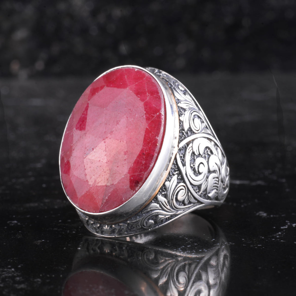 KAMBO Natural Ruby Stone Large Ring for Men - Faceted Oval Vintage Engraved Statement Ring - 925 Sterling Silver Handmade Men's Jewelry — 4