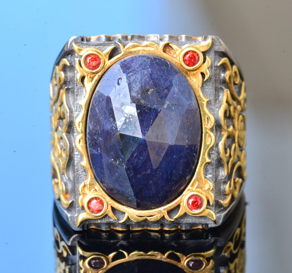 Men's Silver Sultan Ring - Natural Sapphire Stone — 5