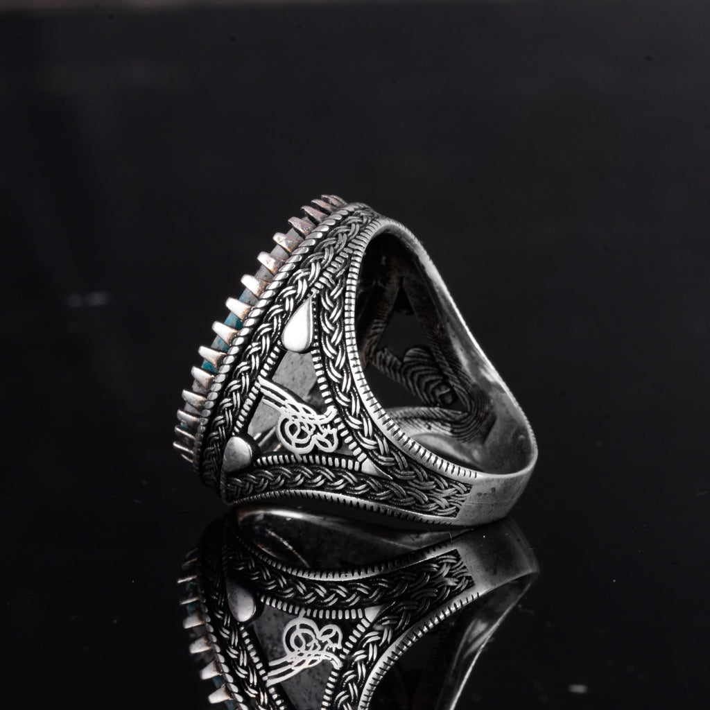 KAMBO Ottoman Tugra Design Natural Turquoise Stone Ring - 925 Sterling Silver Handmade Men's Ring (Style-3) — 7