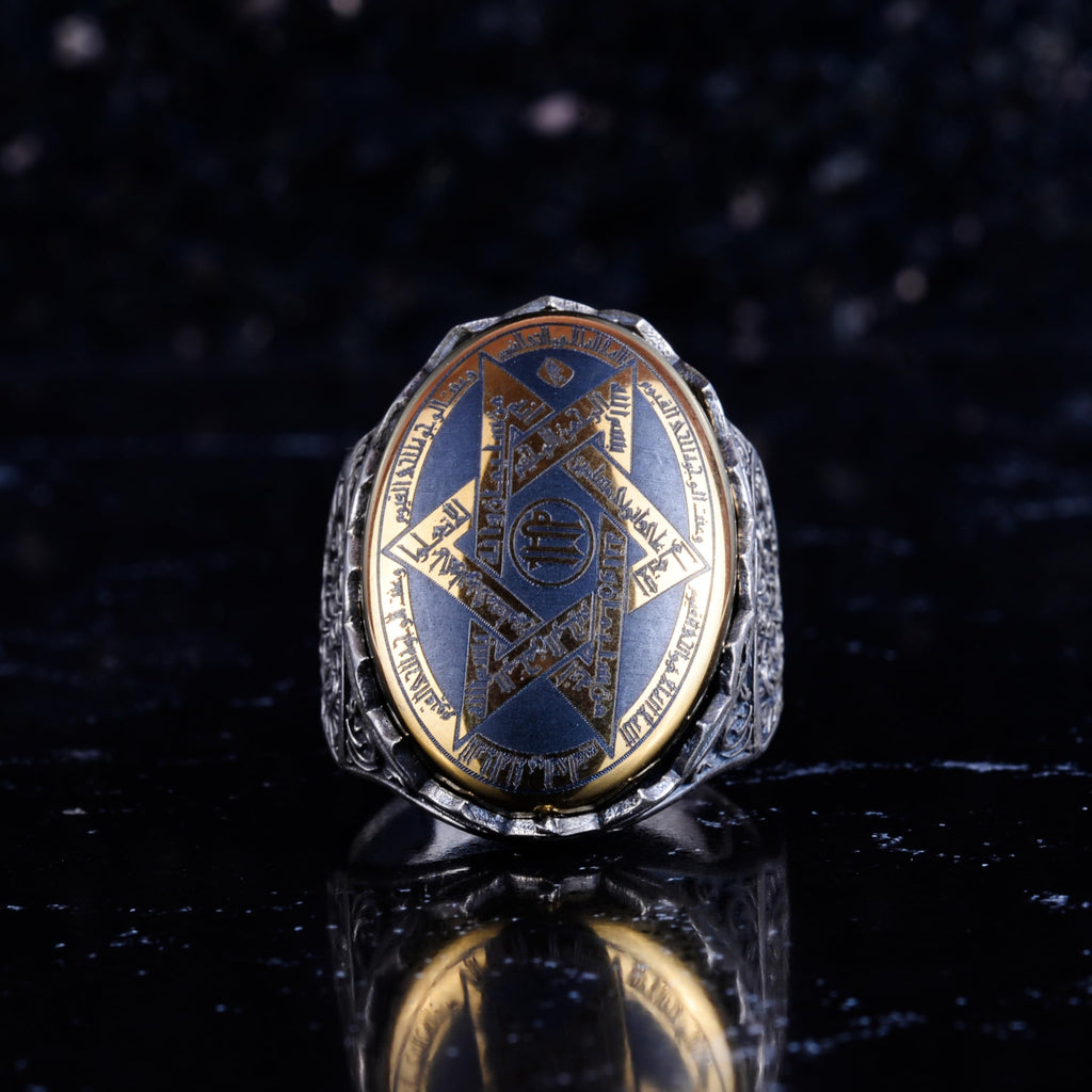 KAMBO Natural Hematite Stone Star of David Ring – 925 Sterling Silver Men's Large Oval Statement Ring – Ornate Carved Vintage Design — 4