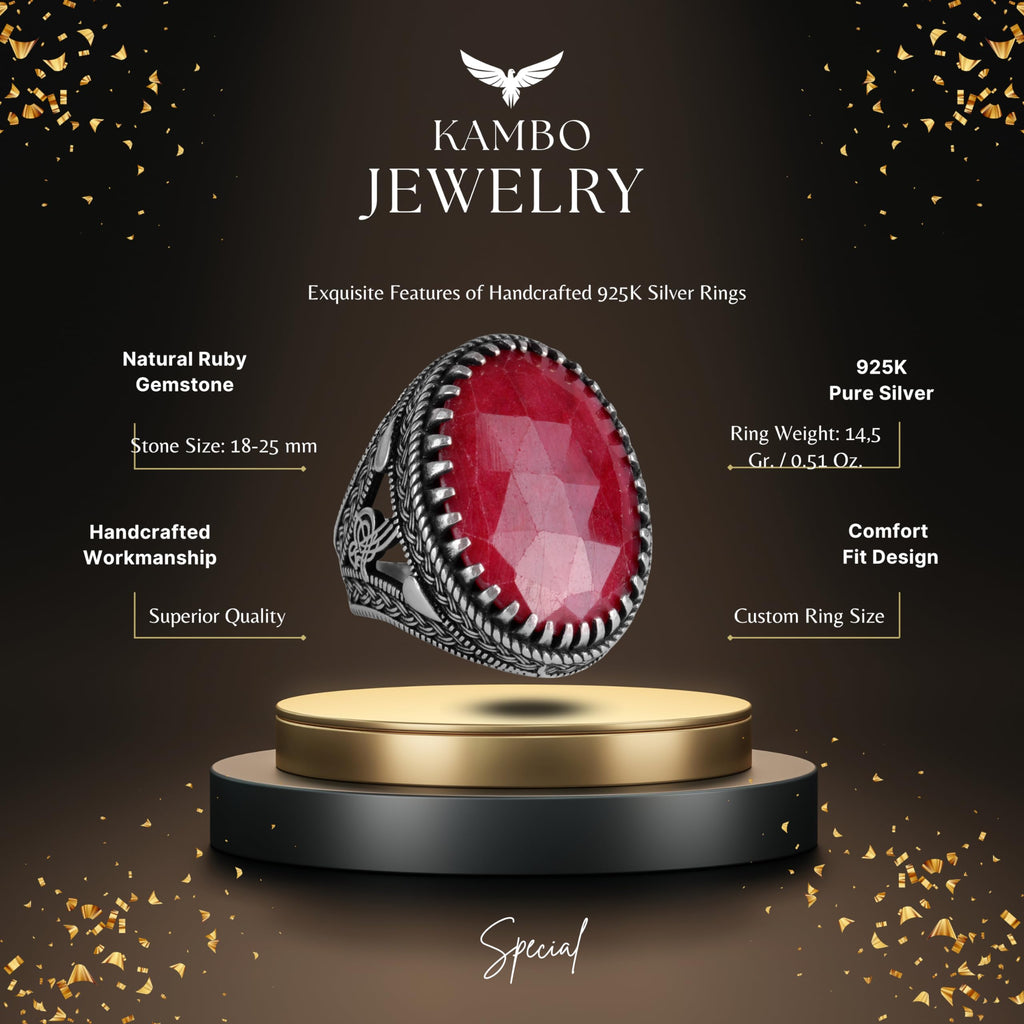 Natural Ruby Stone Ring - Ottoman Tugra Pattern - 925 Sterling Silver Ring — 2