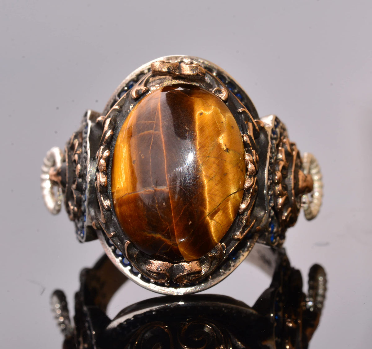 Handcrafted 925 Sterling Silver Men's Ring, Lion Design, Gold Plated Natural Stone Ring — 5