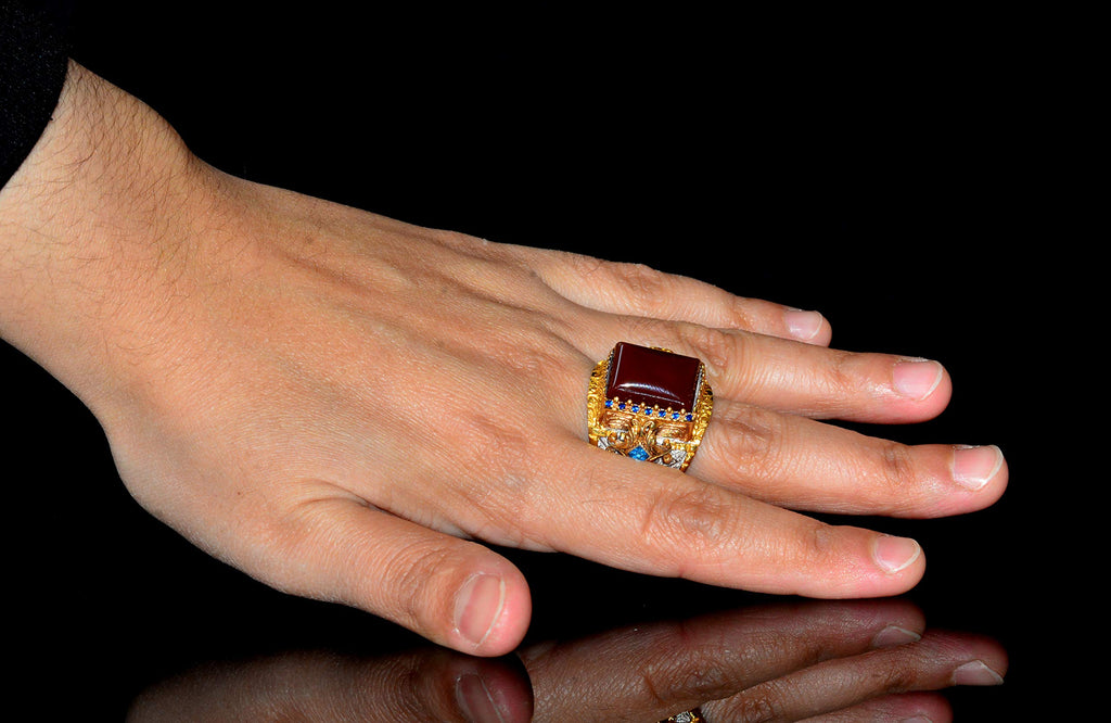 Men's 925 Sterling Silver King Ring – Gold Plated Sultan Ring, Rectangular Natural Carnelian Precious Stone — 6