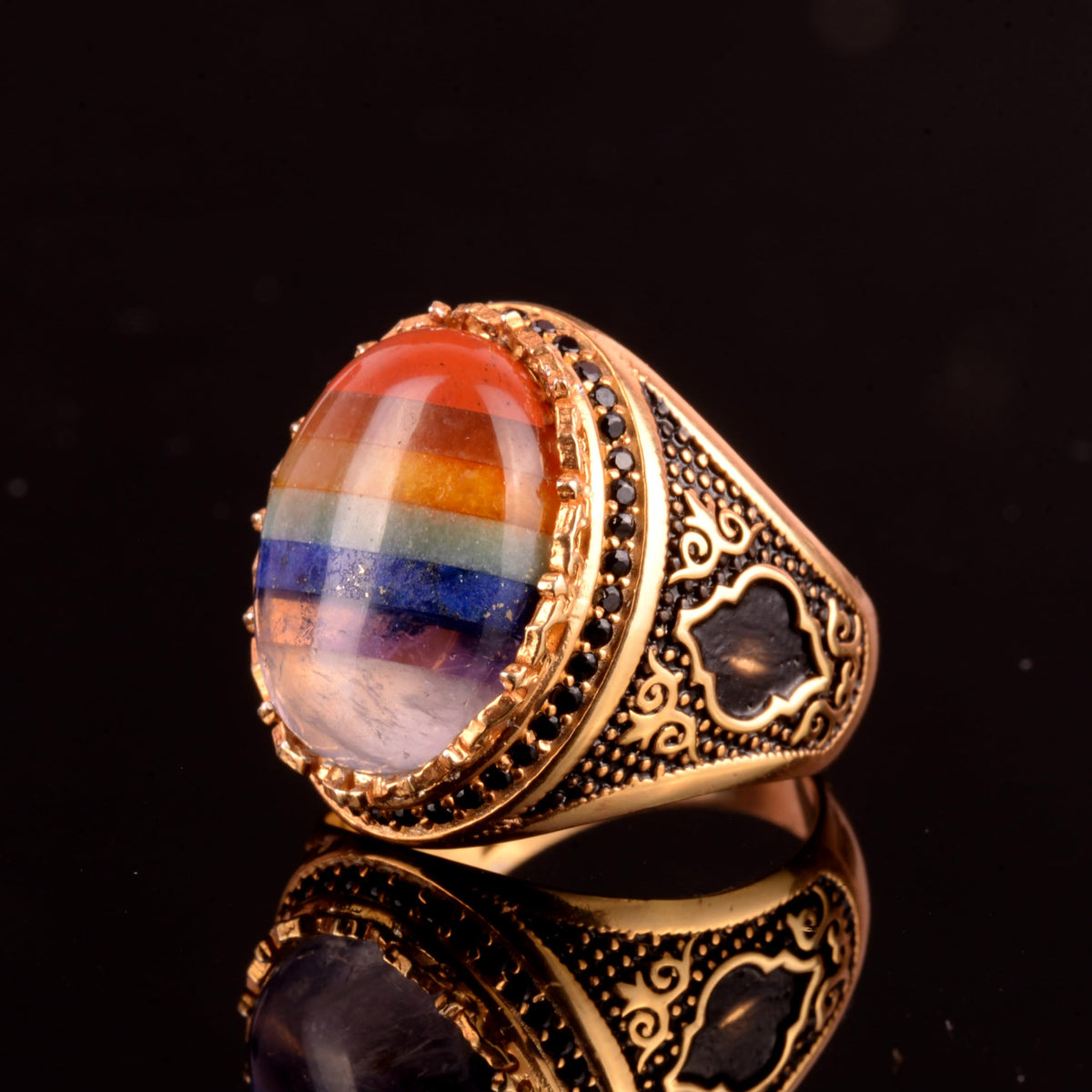 925 Sterling Silver Men's Ring, Real Natural Stone Rainbow Ring — 5