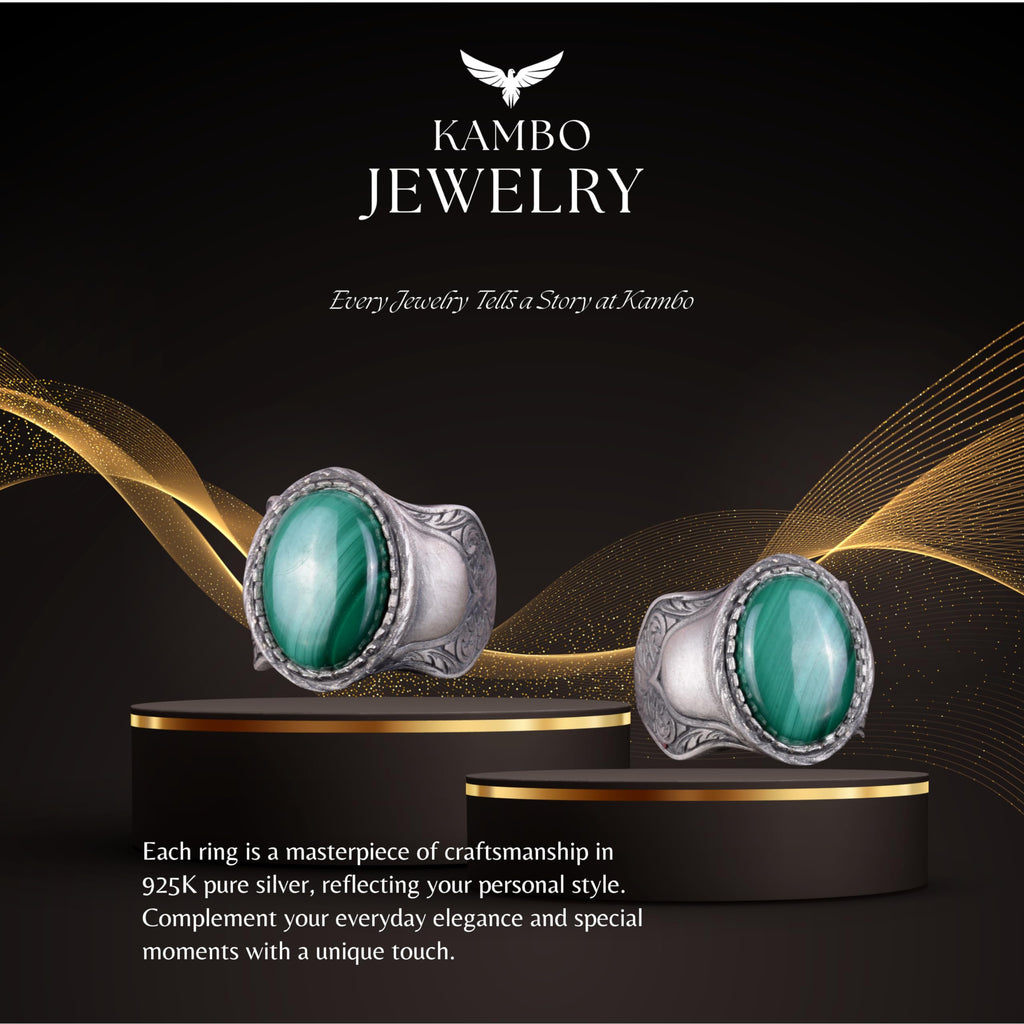 Natural Stone Ring, 925 Sterling Silver Ring, Malachite — 7
