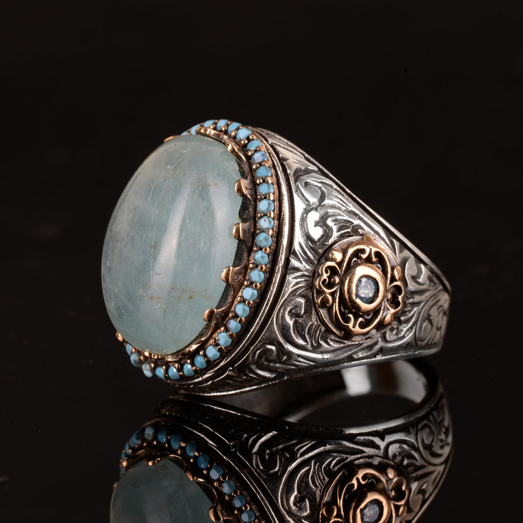 925 Sterling Silver Natural Aquamarine Stone Men's Ring - Handmade King Jewelry — 4