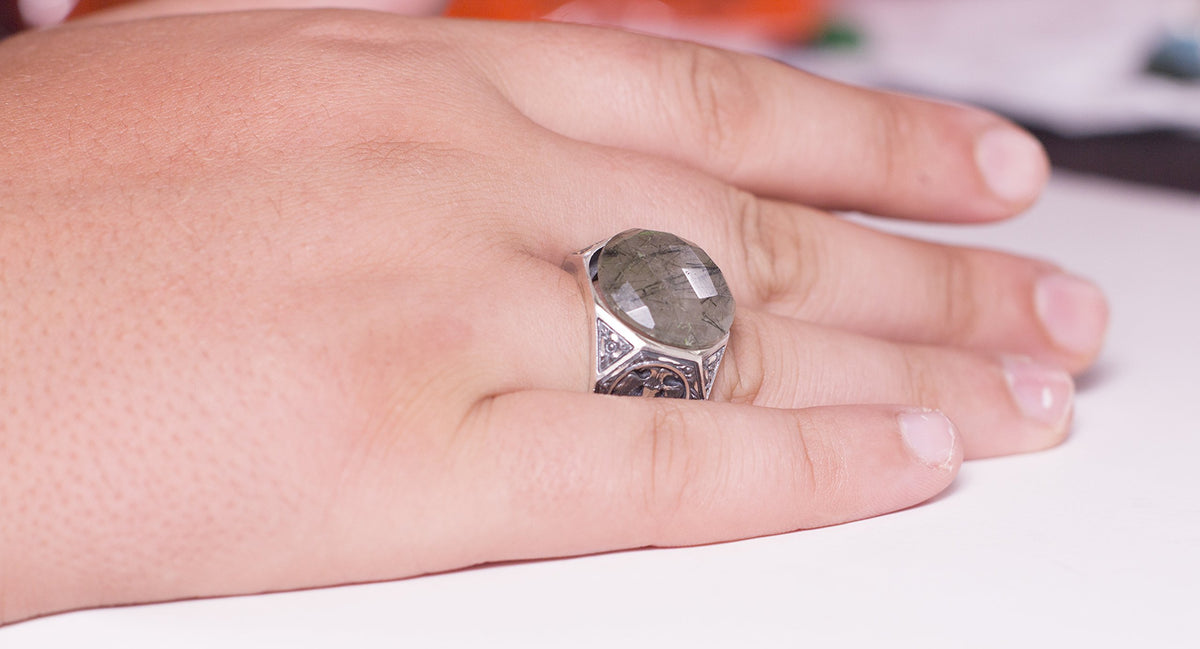 KAMBO Handmade 925 Sterling Silver Ring with Natural Quartz Rutilated Gemstone, Double Headed Eagle Design, Vintage Stat