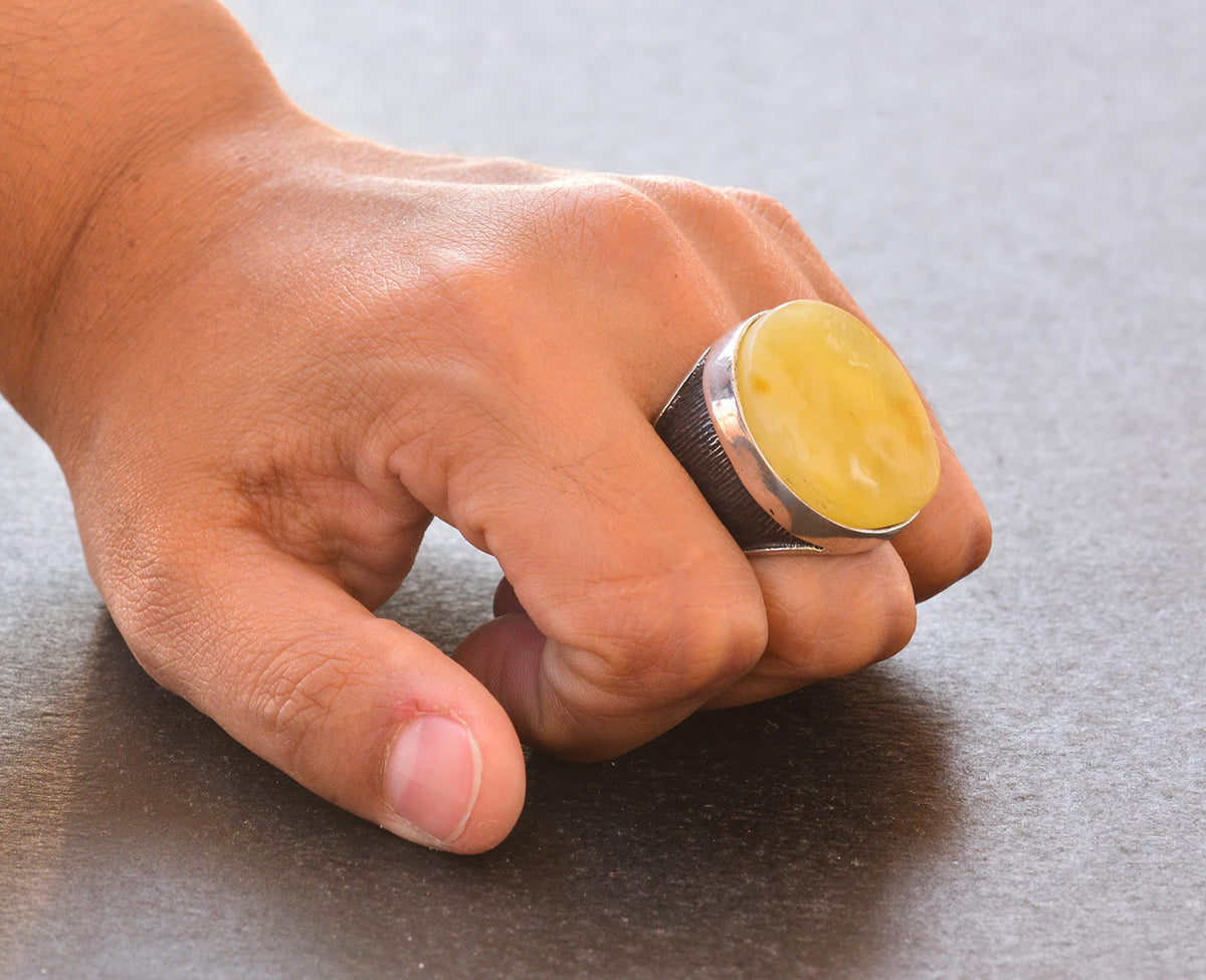 Natural Amber Large Round Stone Ring, 925 Sterling Silver Men's Ring — 8