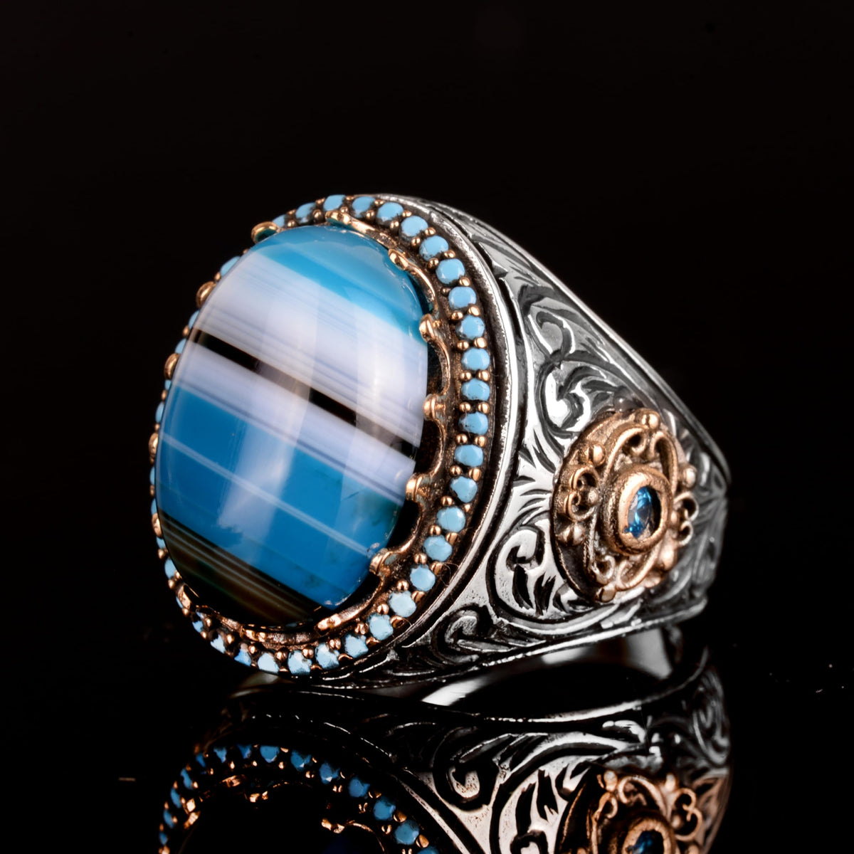 Natural Blue Agate Stone Ring, 925 Sterling Silver Ring, Men's Ring — 4