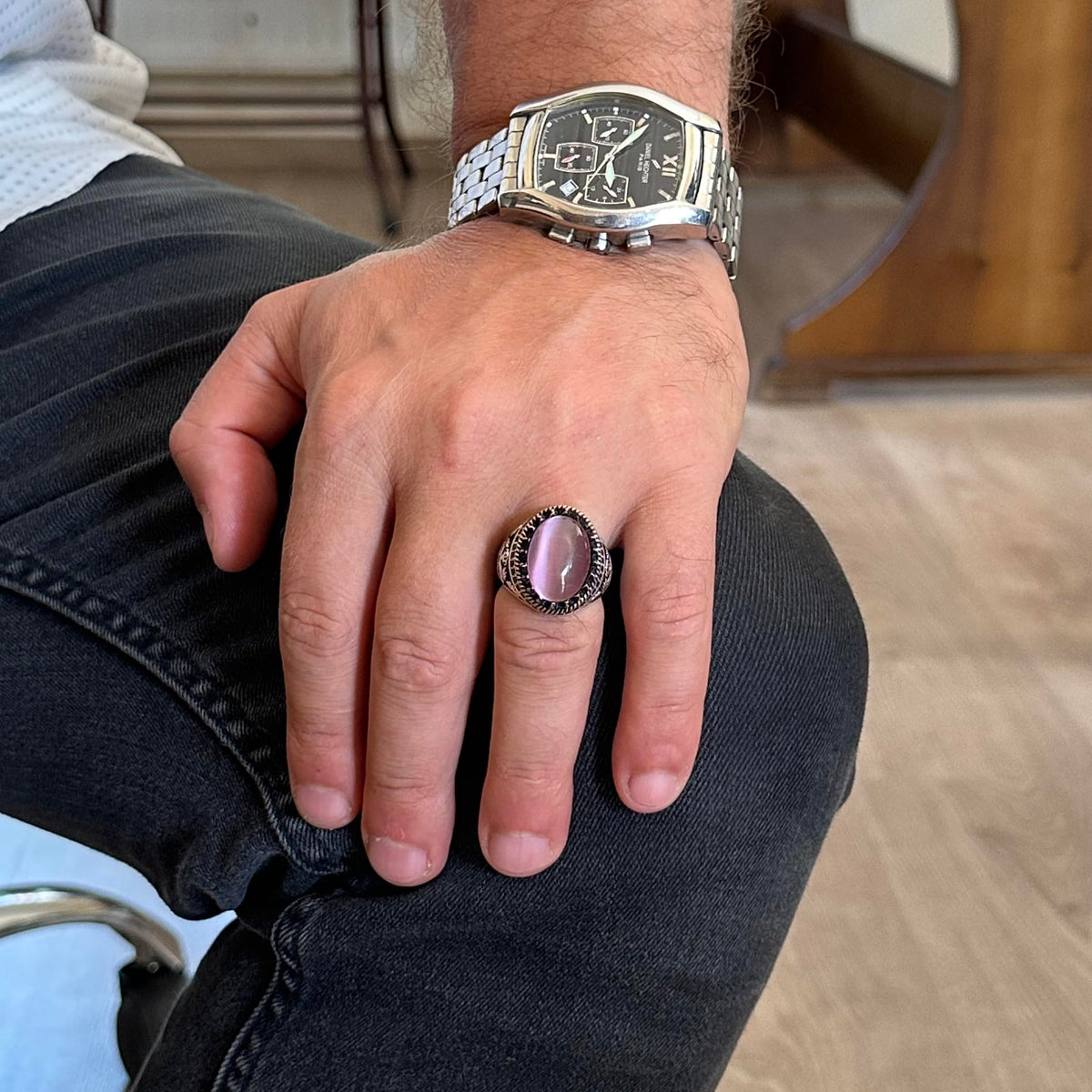 KAMBO 925 Sterling Silver Men's Ring, Created Stone Ring, Eagle Symbol Ring, Handmade Ring (Created Pink Cat's Eye) — 3