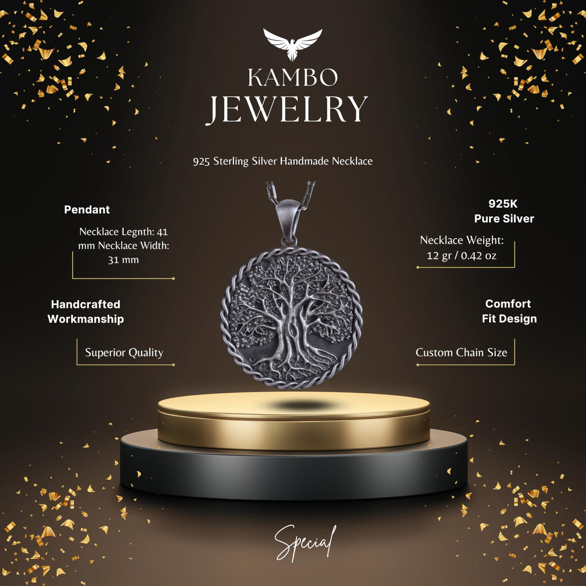 KAMBO Men's 925 Sterling Silver Tree of Life Necklace – Scandinavian Yggdrasil Necklace – Handmade Viking Symbol Chain Necklace (Silver) — 2