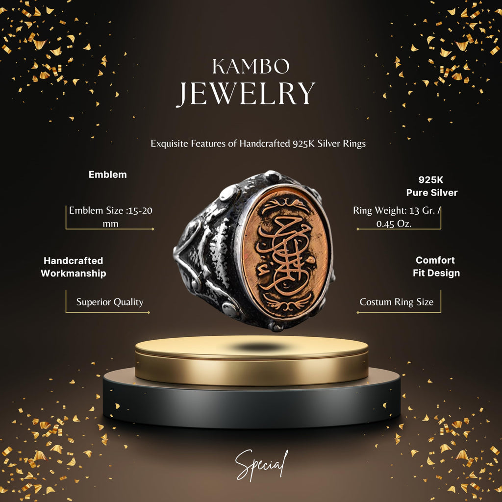 KAMBO Handmade 925 Sterling Silver Men's Ring with Oval Copper Inlay and Islamic Calligraphy Design, Vintage Statement J