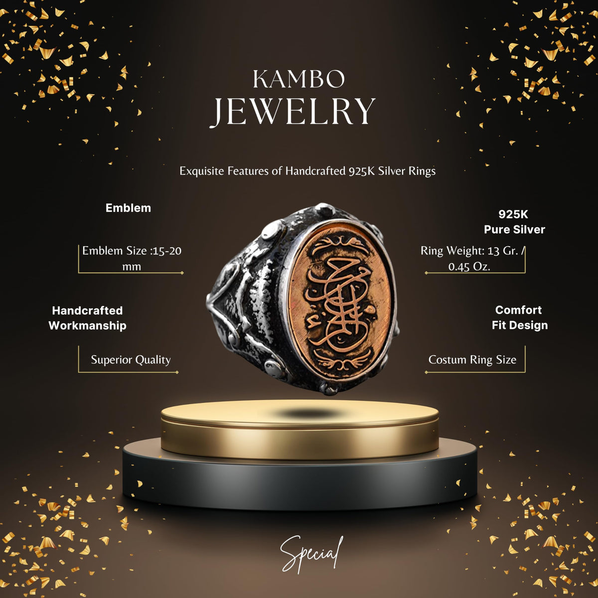 KAMBO Handmade 925 Sterling Silver Men's Ring with Oval Copper Inlay and Islamic Calligraphy Design, Vintage Statement J