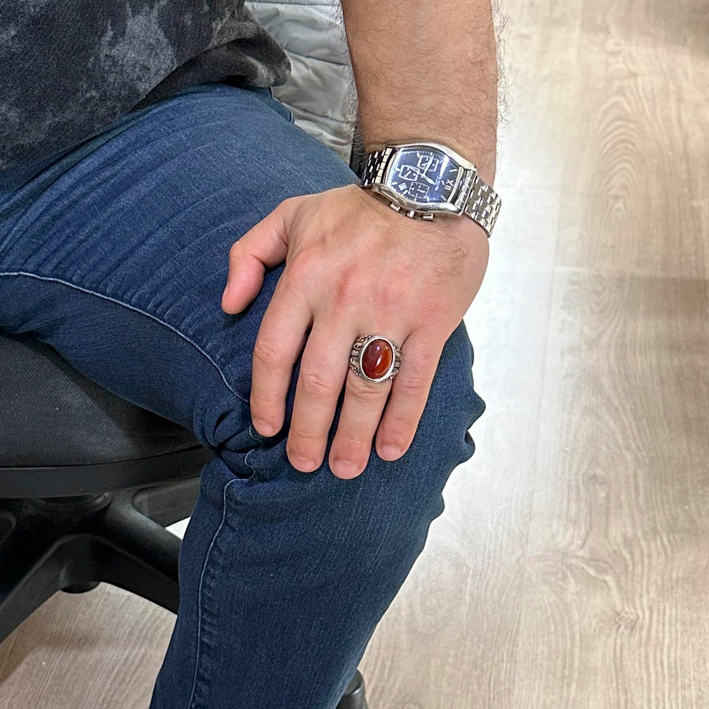 Handmade Natural Red Agate Stone Ring, 925 Sterling Silver — 3