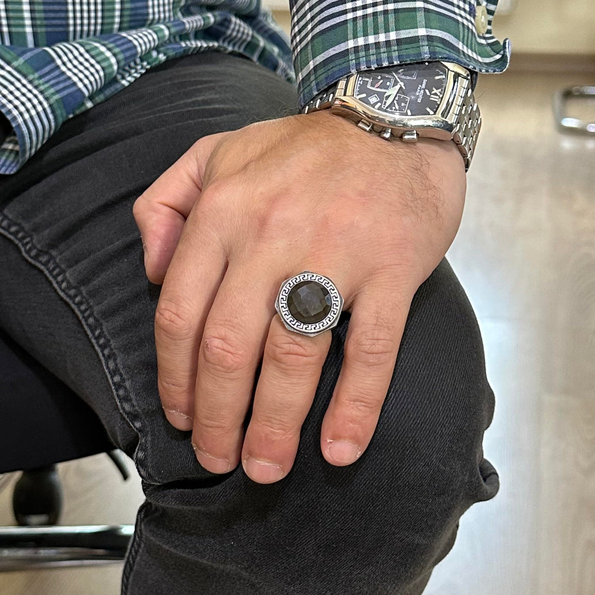 Natural Stone Ring - 925 Sterling Silver Handmade Men's Ring (Smoky Quartz) — 3