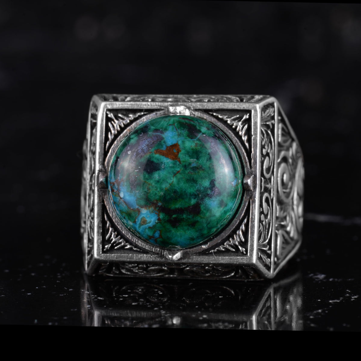 KAMBO Natural Round Stone Square Men's Ring 925 Sterling Silver – Ottoman Pattern Handmade Stone Ring (Chrysocolla) — 4