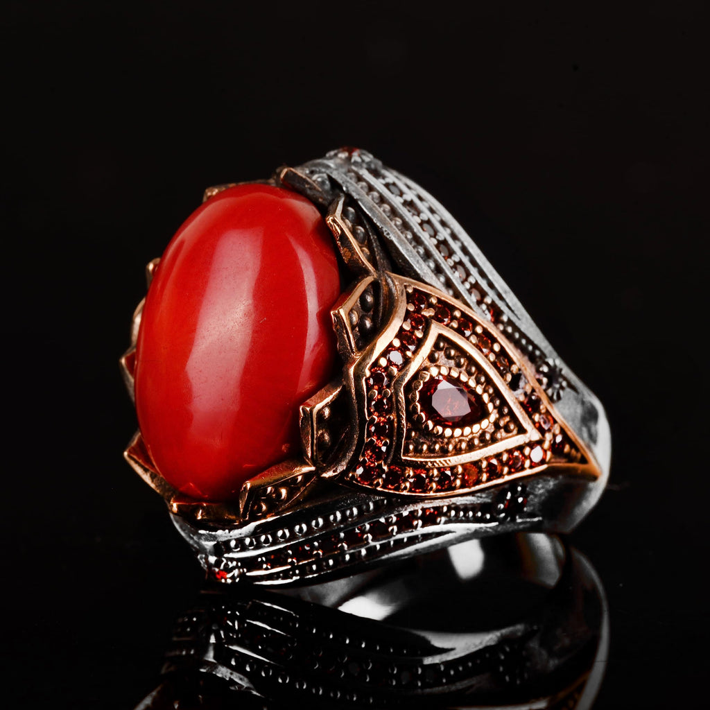 King Ring - Natural Coral Stone Handcrafted Ring - 925 Sterling Silver — 7