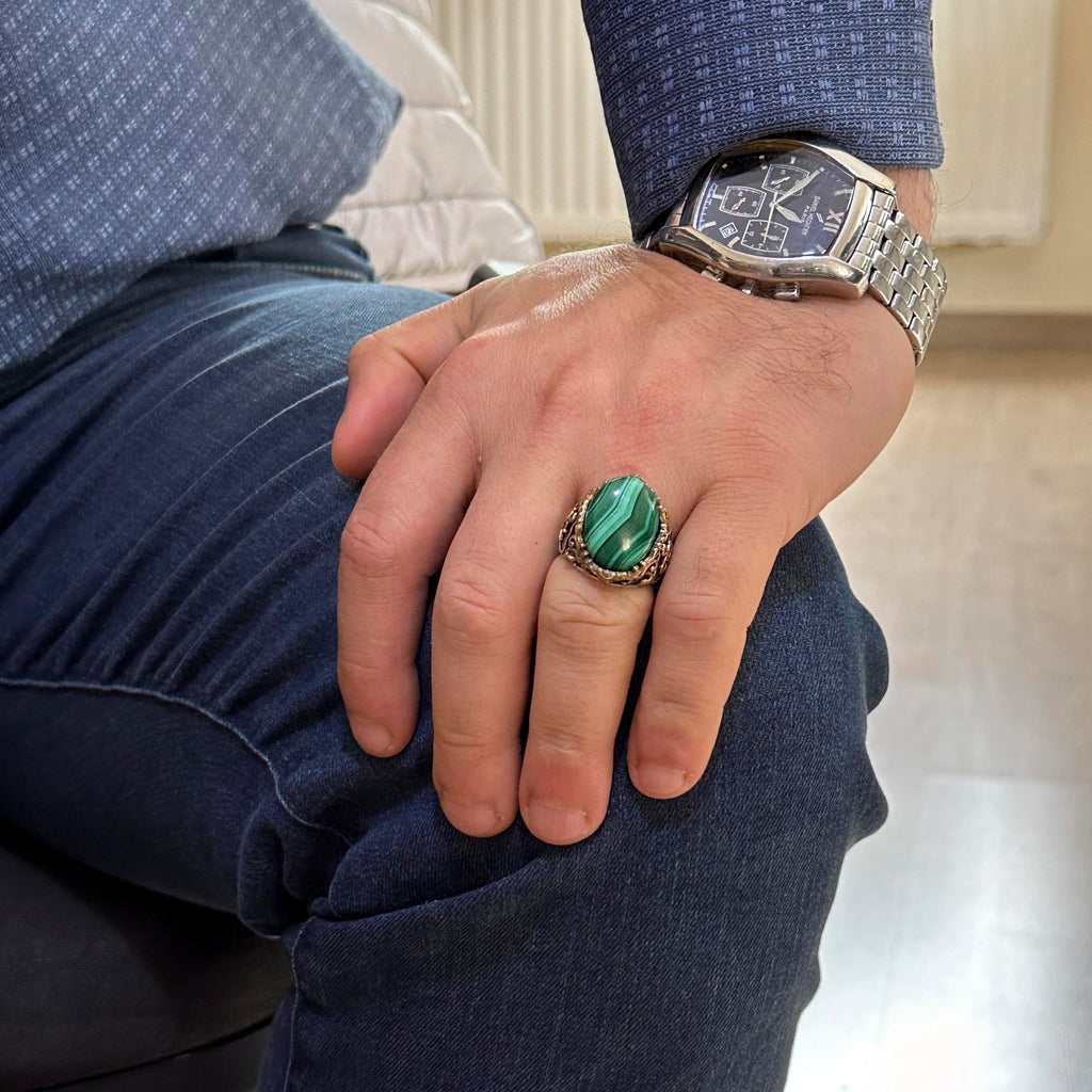Natural Malachite Stone Ring - 925 Sterling Silver Men's Ring (Model-3) — 3