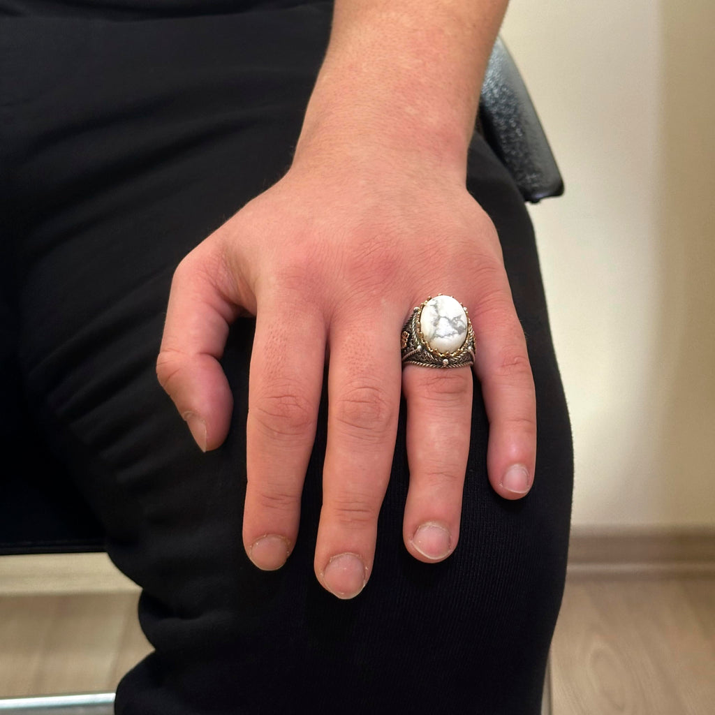 Natural Howlite Stone Ring, 925 Sterling Silver Men's Ring — 3