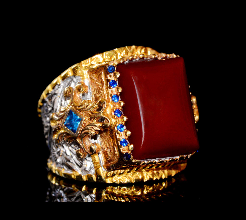 Men's 925 Sterling Silver King Ring – Gold Plated Sultan Ring, Rectangular Natural Carnelian Precious Stone — 4