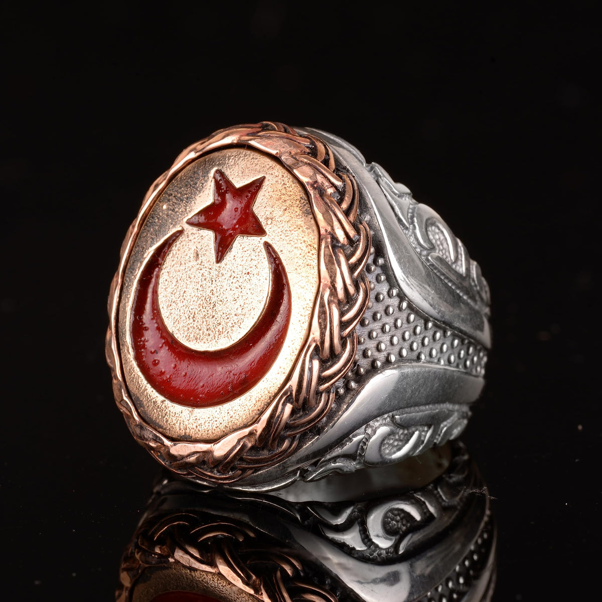 925 Sterling Silver Men's Ring, Ottoman Style Turkish Ring, Bronze Crescent and Star Stone Design — 3