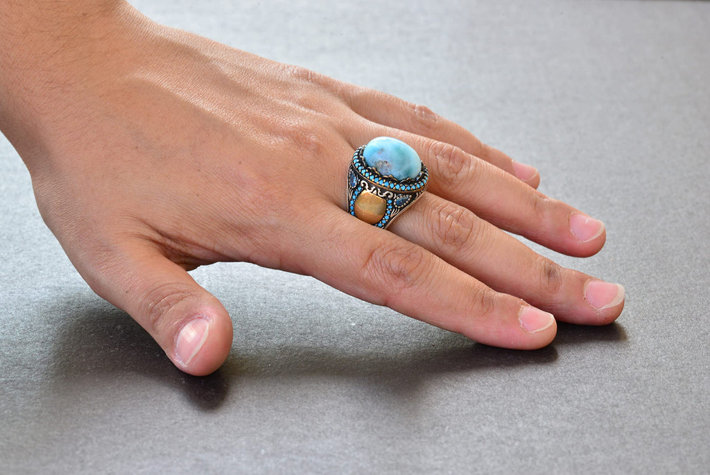 Natural Larimar Stone Handmade Ring - Silver Men's Ring, Silver Accessory — 6