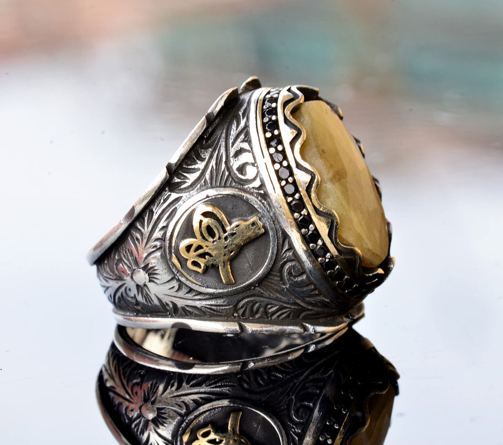 Handmade 925 Sterling Silver Men's Ring with Real Yellow Sapphire Stone - Ottoman Seal Ring Design — 4