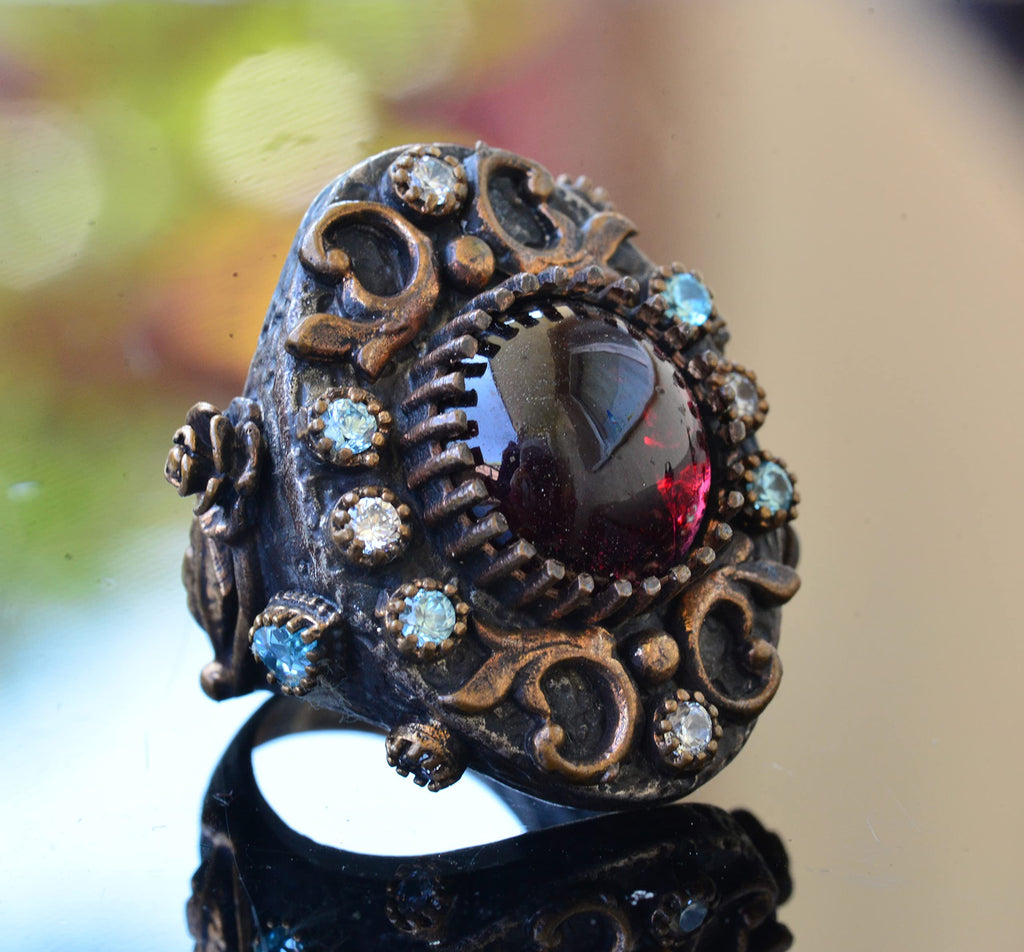 Natural Garnet Stone Antique Ring - 925 Sterling Silver Unisex Ring — 7