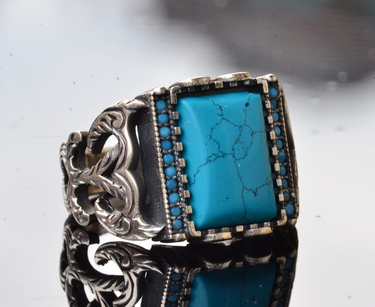 Handmade Vintage Turquoise Ring - 925 Sterling Silver, Stylish Ornate Design, Durable, Distinctive Jewelry, Perfect Fit — 3