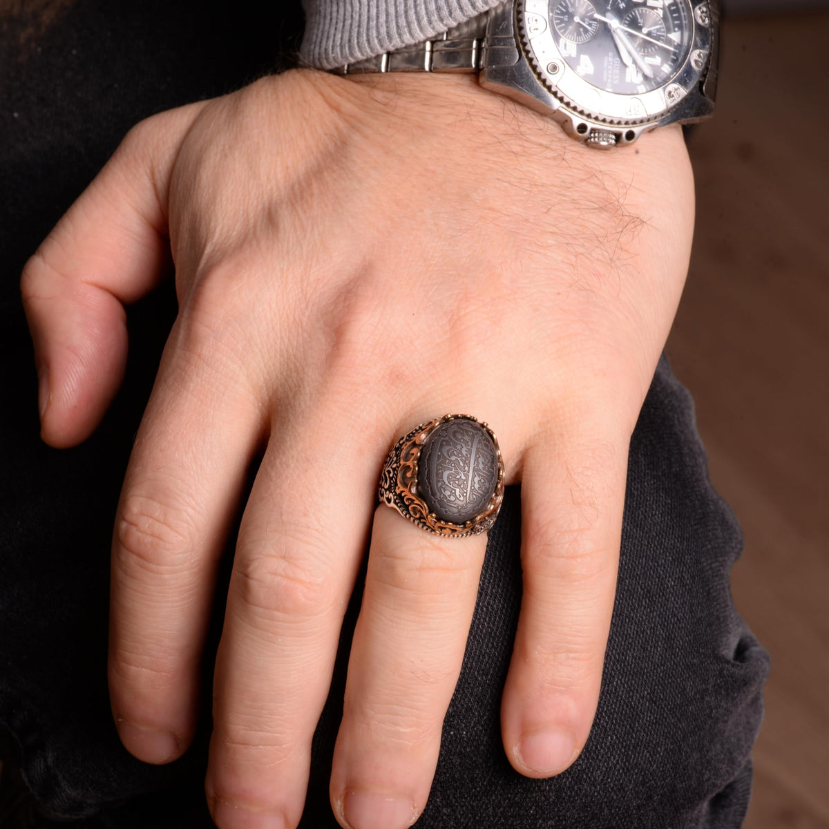 Natural Hematite Stone Ring, 925 Sterling Silver Ring, Islamic Men's Ring — 3