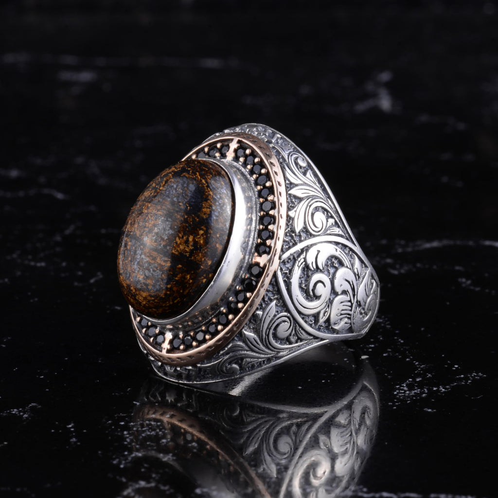 Men's Natural Stone Large Ring – Oval Stone Vintage Byzantine Engraved Statement Ring - Antique Filigree 925 Sterling Silver Jewelry (Bronzite) — 5