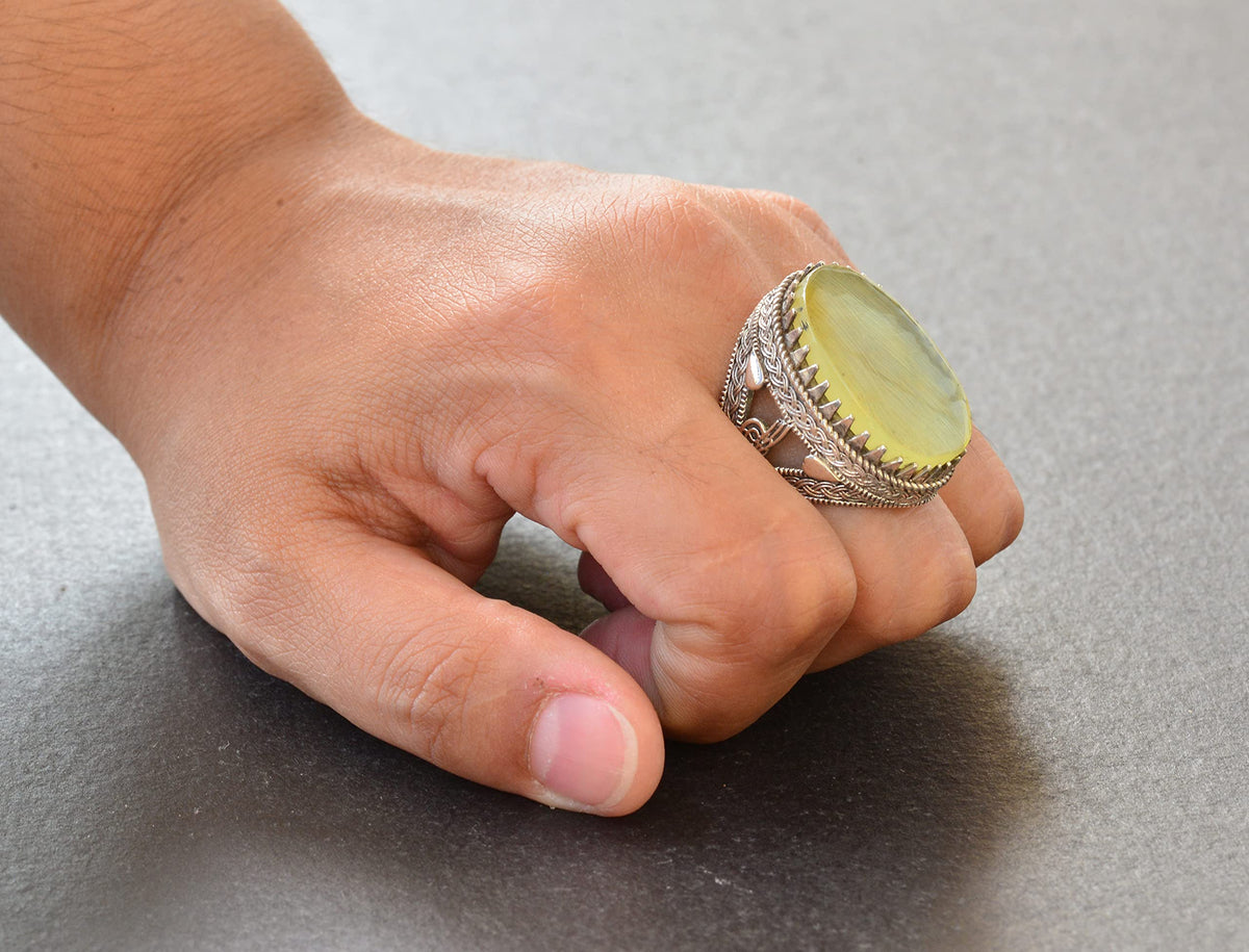 Ottoman Silver Ring with Natural Raw Amber Stone — 7