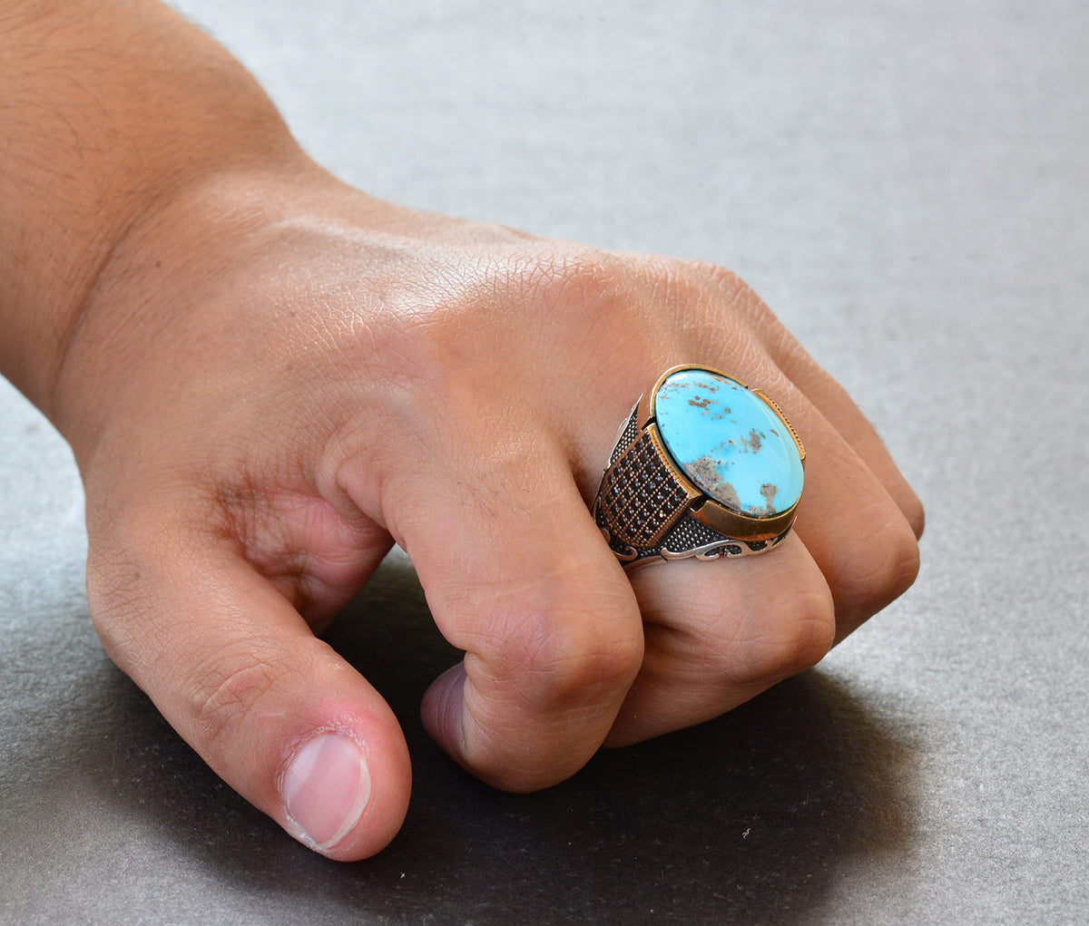 Natural Arizona Turquoise Stone Silver Men's Ring — 6