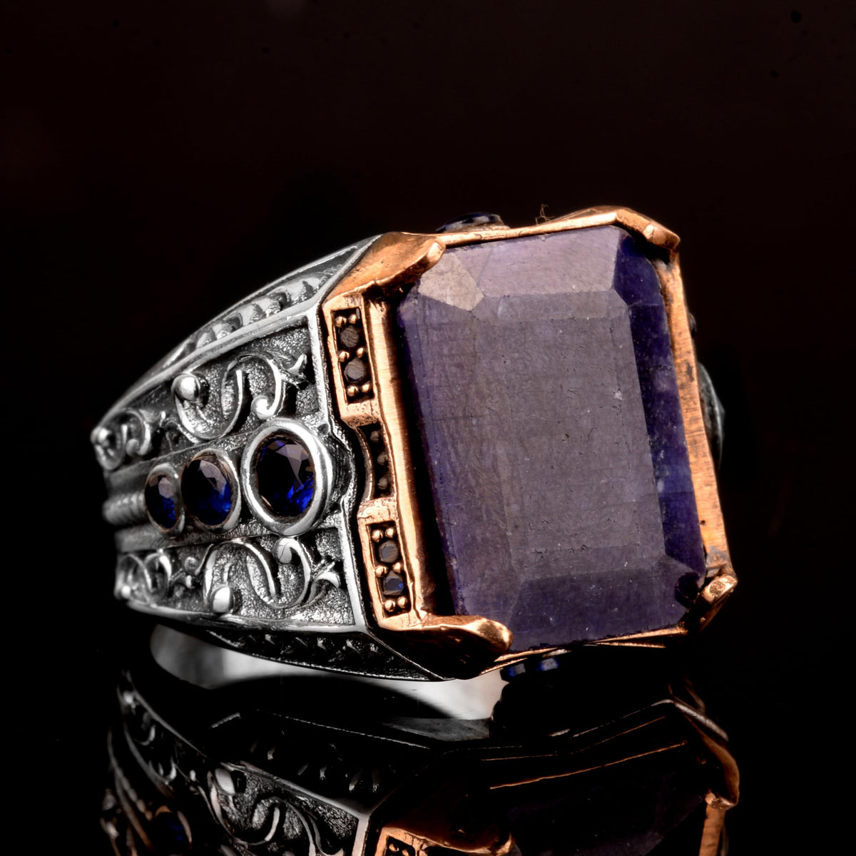 Natural Sapphire Stone Ring, 925 Sterling Silver Men's Ring — 4