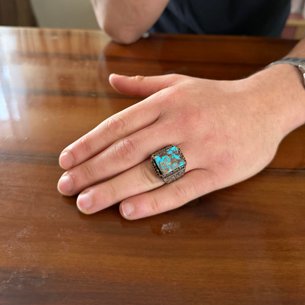 KAMBO Men's Natural Turquoise Stone Ring - 925 Sterling Silver Handmade Rectangular Statement Ring - Vintage Ottoman Style Jewelry — 3