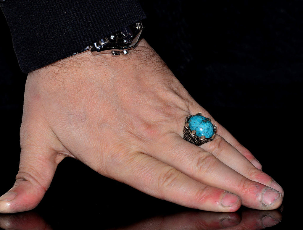 Silver Men's Ring - Arizona Turquoise Natural Stone - Hawk Claw Design (Style-3) — 5