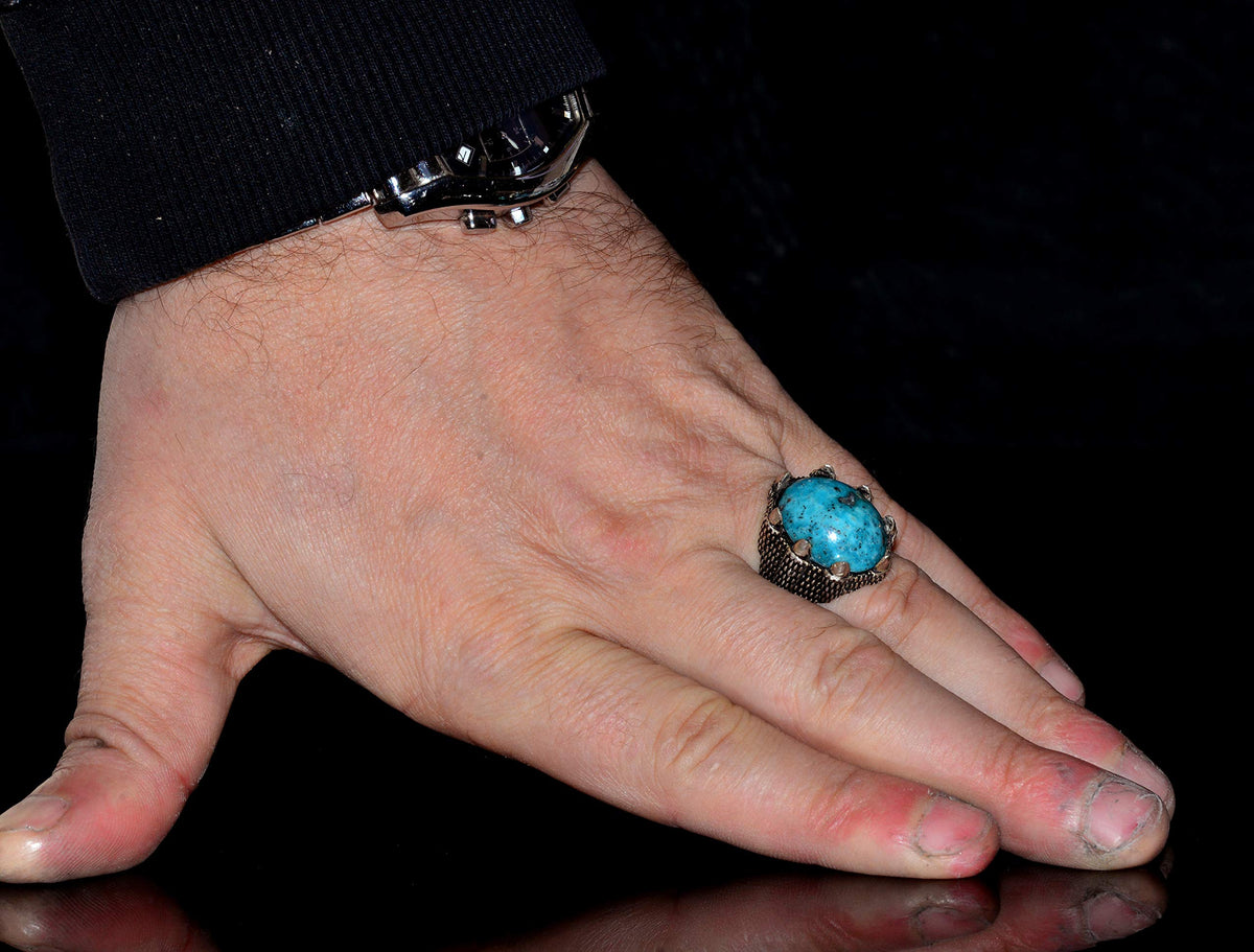 Silver Men's Ring - Arizona Turquoise Natural Stone - Hawk Claw Design (Style-3) — 5